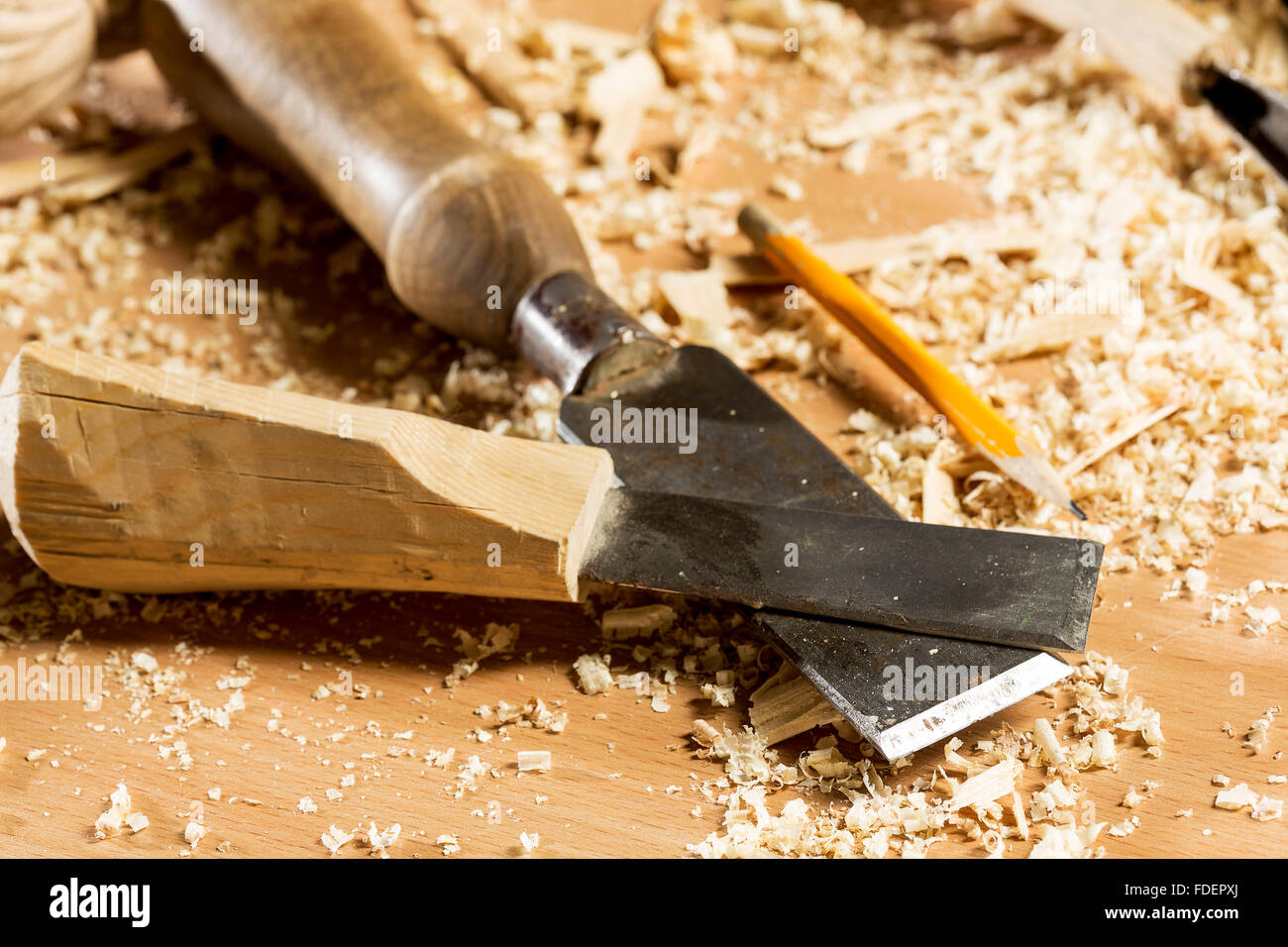 Cutters for wood and wood shavings on table Stock Photo Alamy