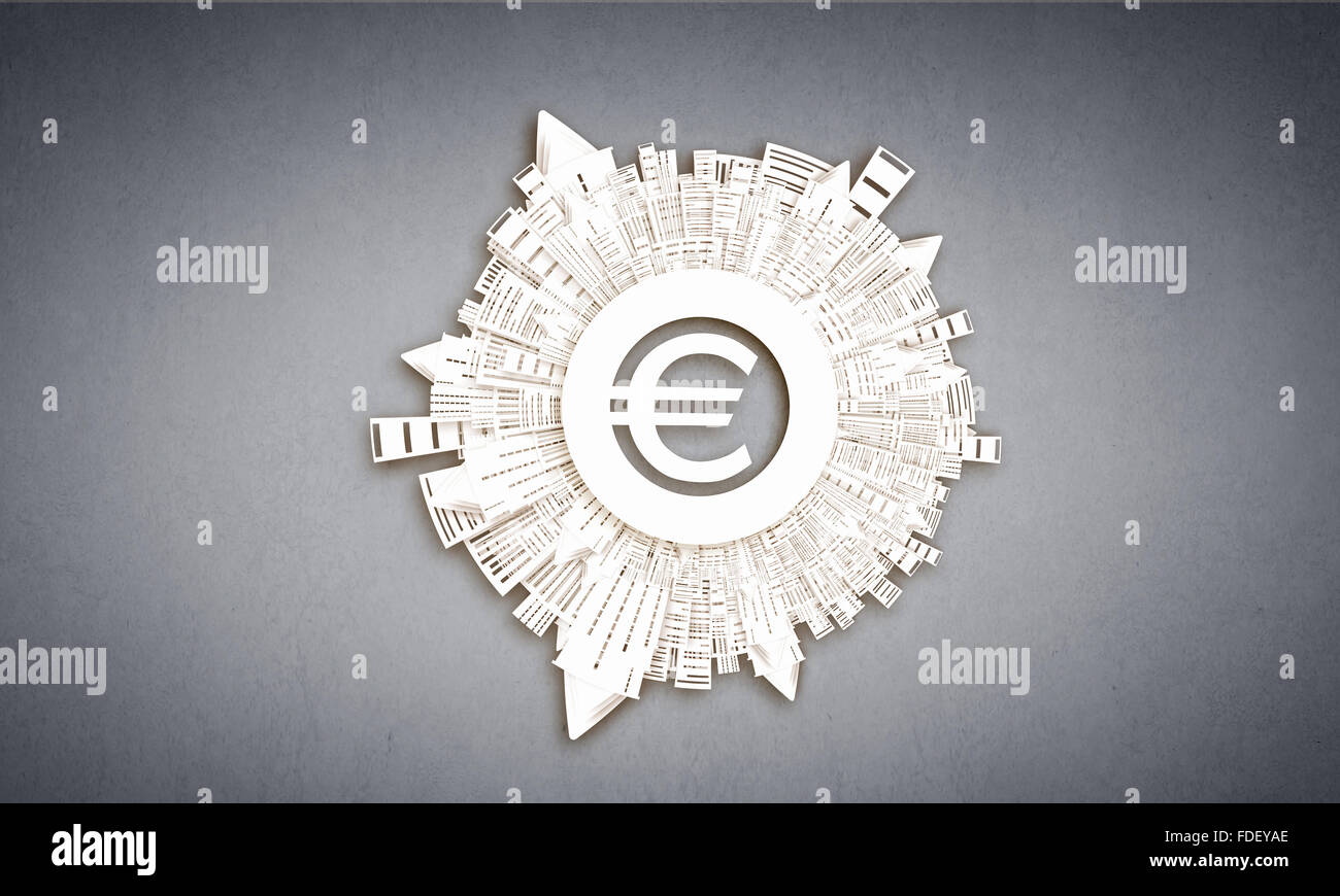 Euro sign with city buildings around on plain background Stock Photo ...