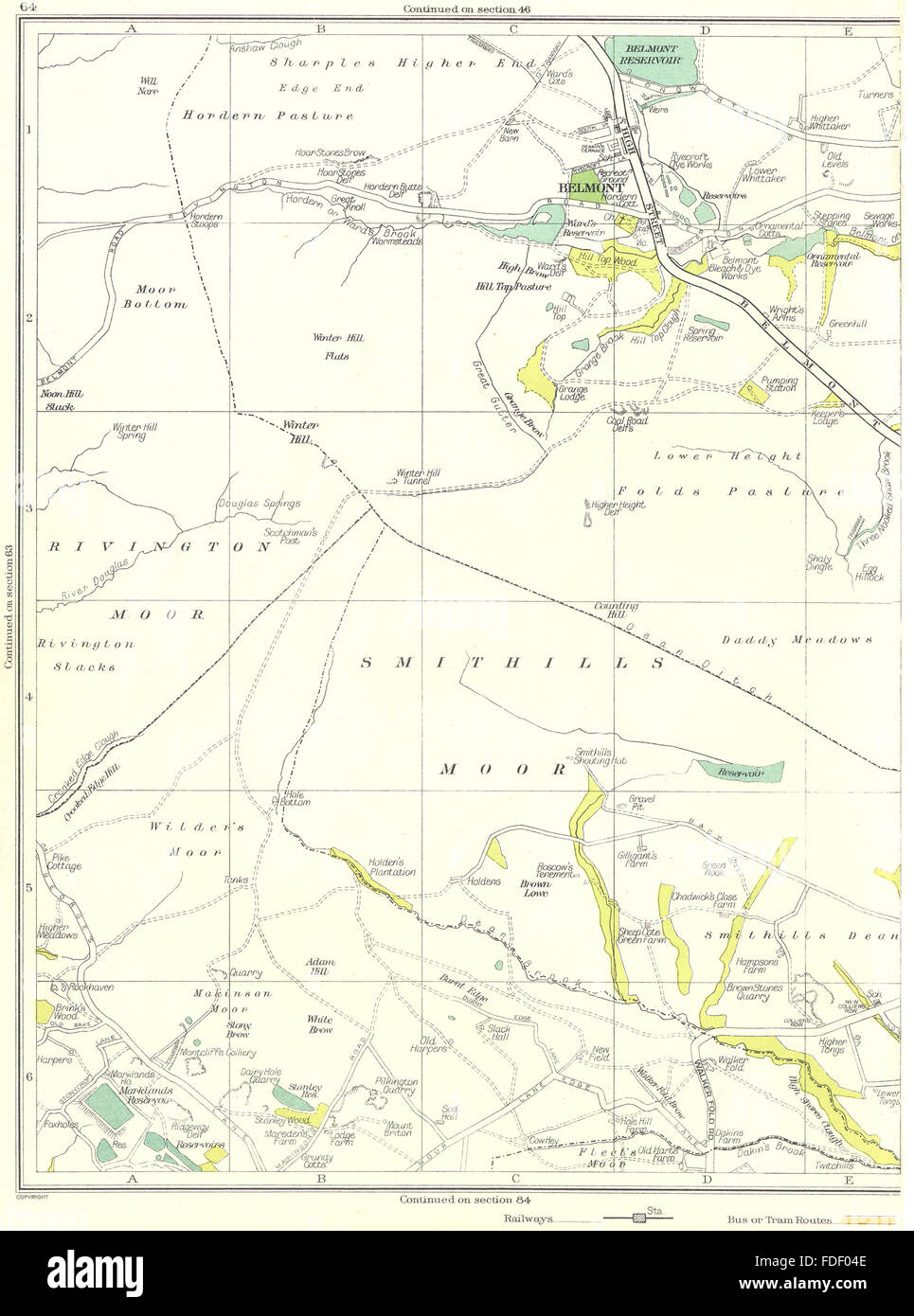 LANCASHIRE Smithills Moor Rivington Belmont Reservoir Bottom Pasture 1935 map Stock Photo