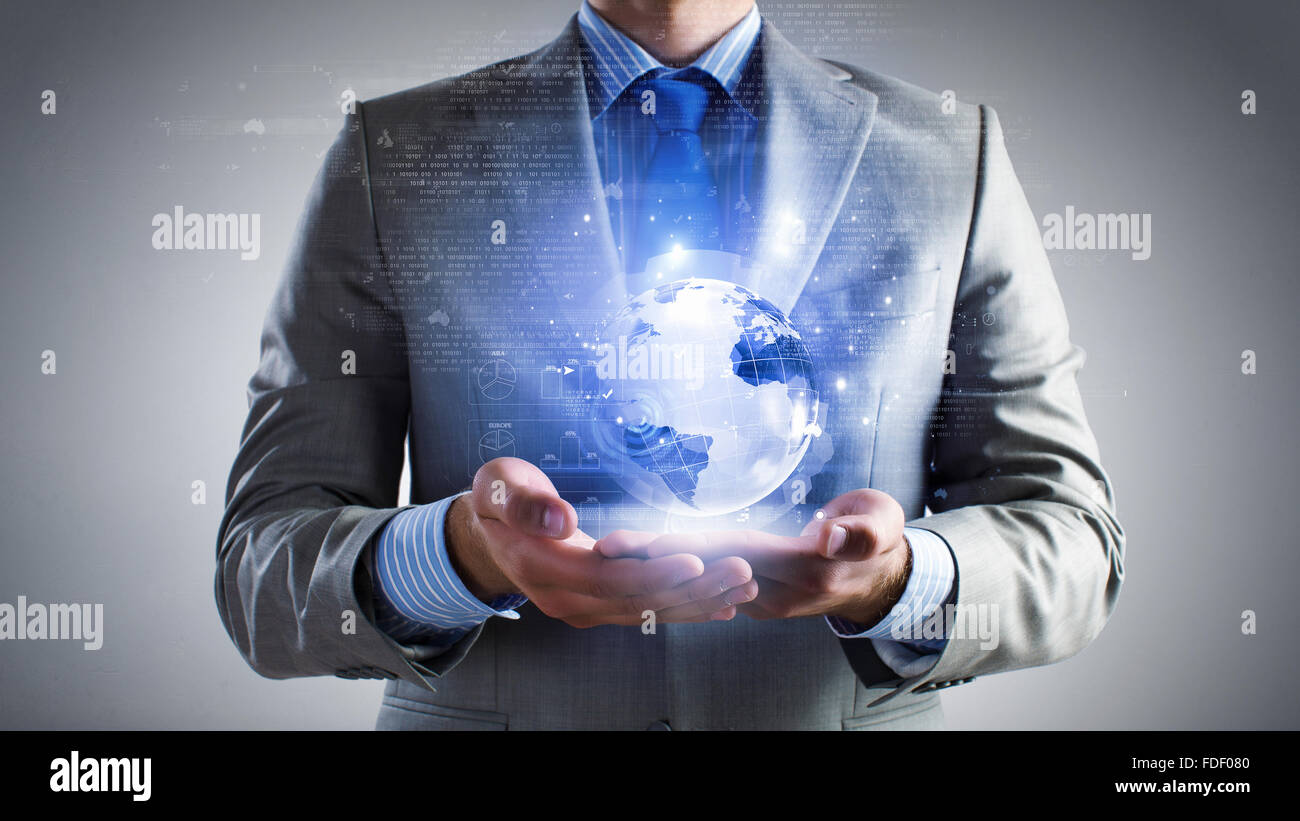Close up of businessman holding digital globe in palm Stock Photo - Alamy