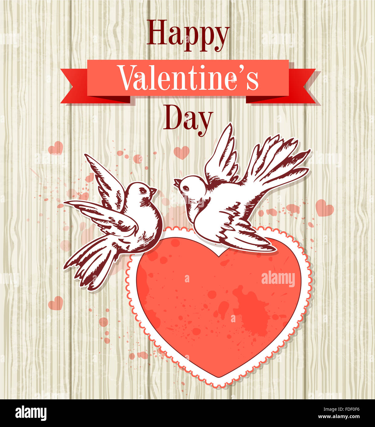 Vintage hand drawn Valentine card with two doves and red heart Stock Photo