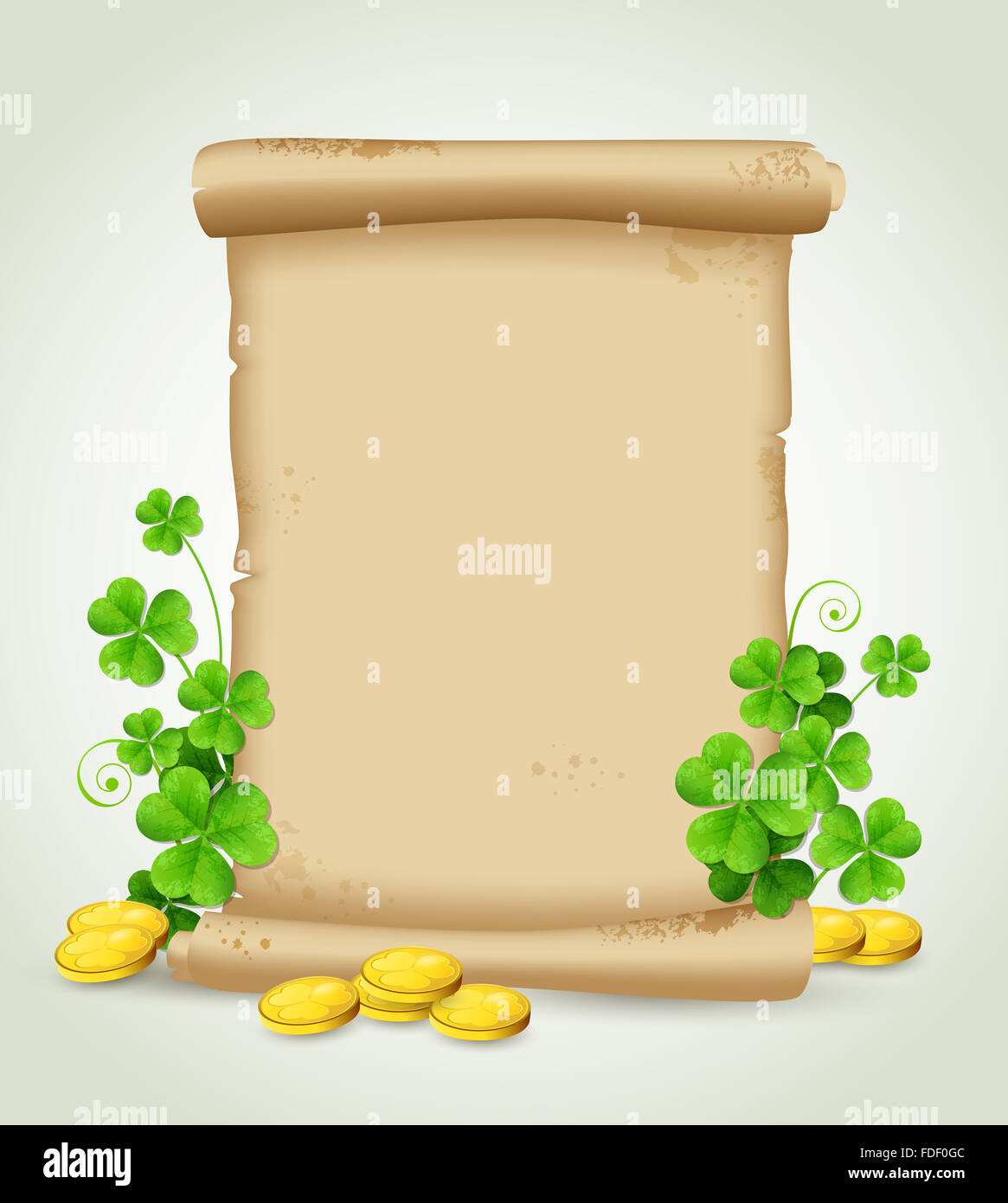 Decorative background with scroll, clover leaves and golden coins for ...