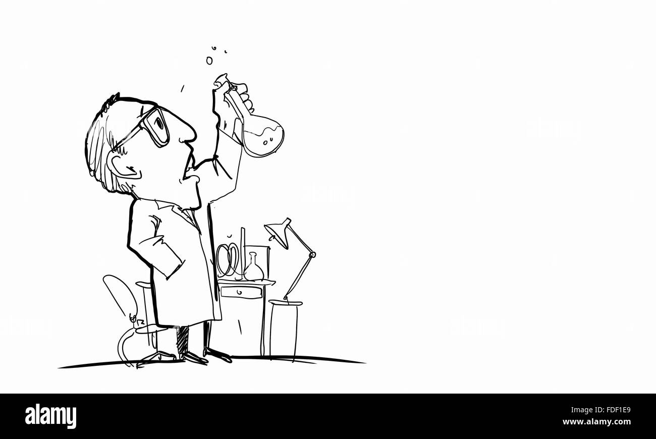 Drawing cartoon of scientist working with tubes in lab Stock Photo