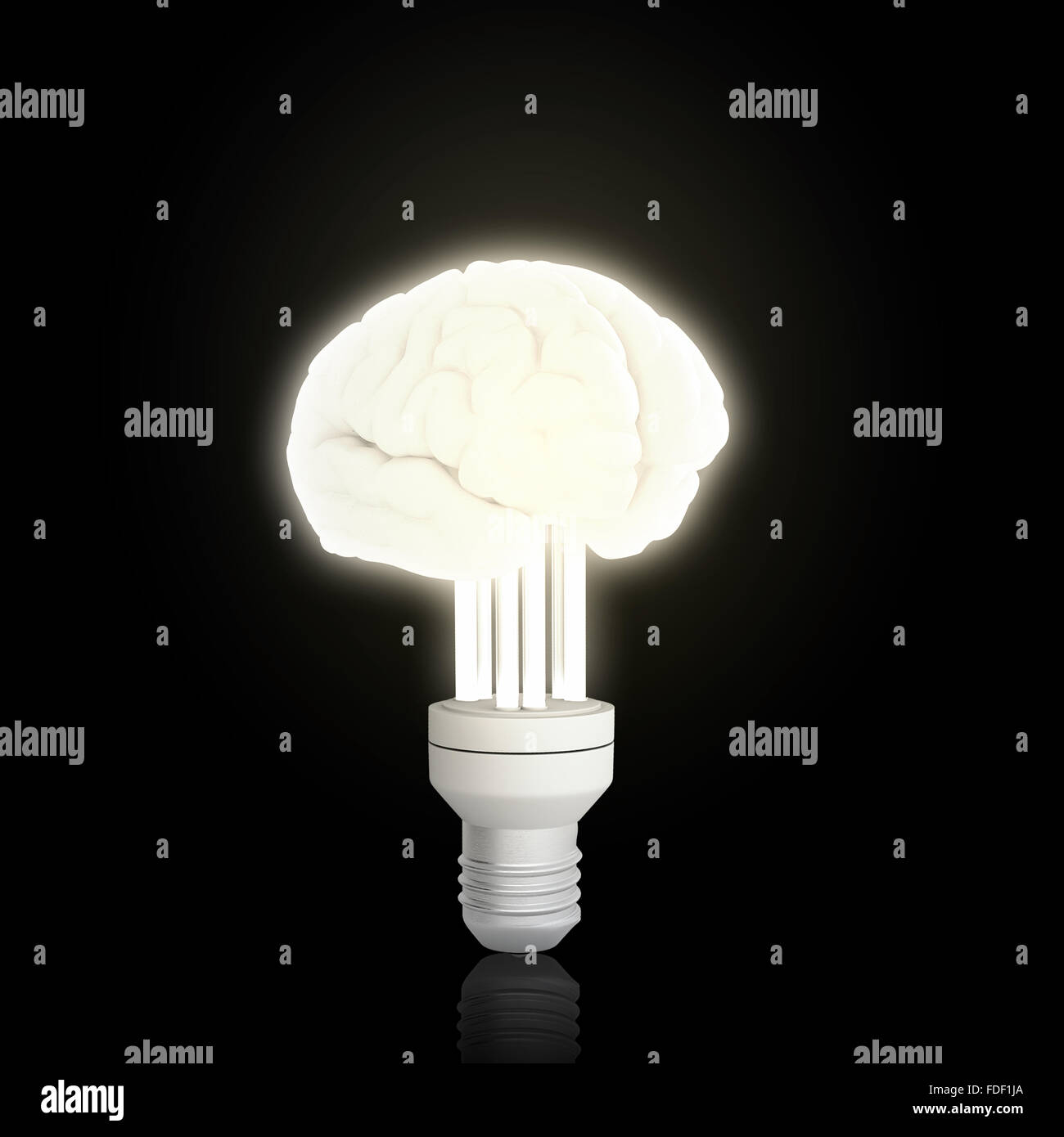Glowing light bulb and brain icon on black background Stock Photo - Alamy