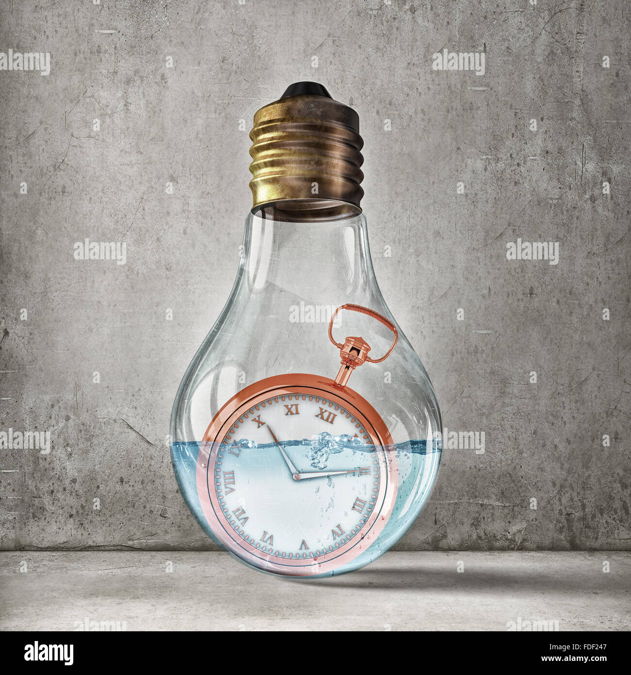 Glass light bulb filled with water and floating clock Stock Photo Alamy