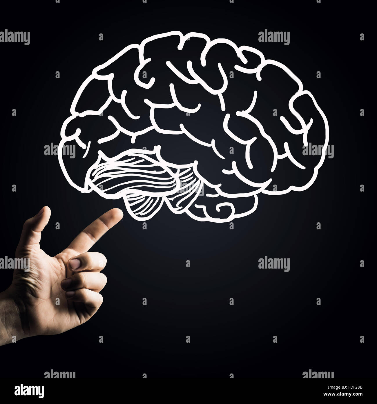 Human hand pointing with finger at brain icon Stock Photo Alamy