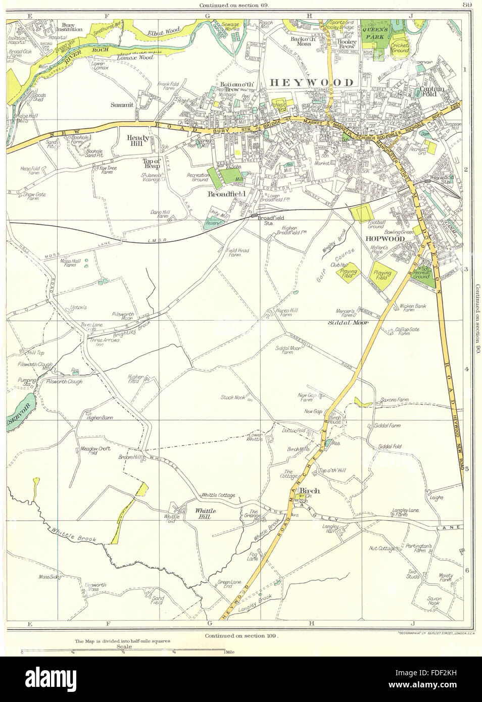 HEYWOOD:Bury,Heady Hill,Broadfield,Hopwood,Birch,Whittle Hill, 1935 old map Stock Photo