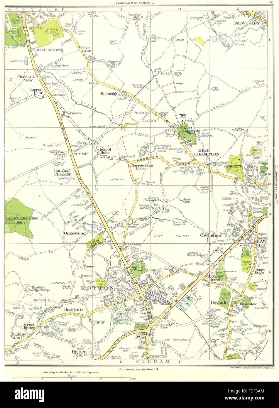 LANCS Rochdale Shaw Royton Holdenfold Heyside High Crompton Shawside 1935 map Stock Photo
