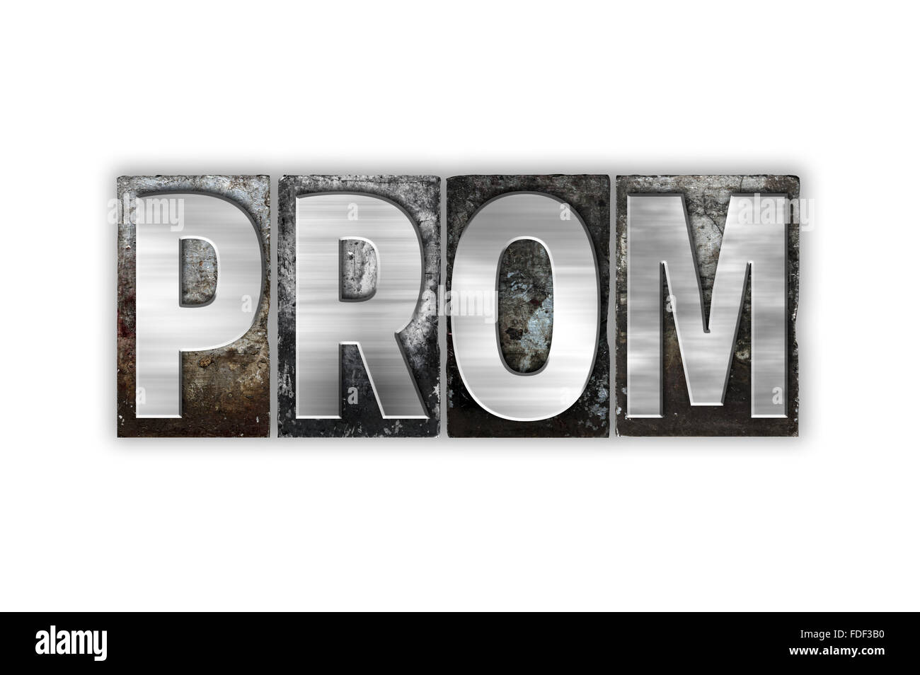 The word 'Prom' written in vintage metal letterpress type isolated on a white background. Stock Photo