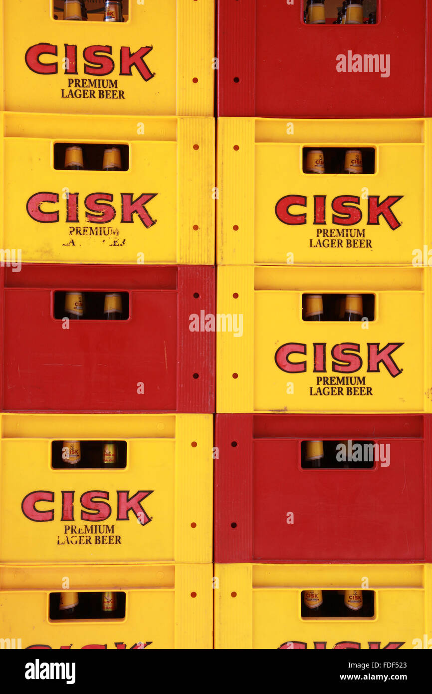 Crates of Cisk Lager stacked up Stock Photo