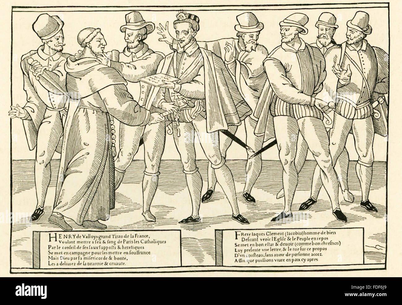 Henri III ruled France from 1574 until his death 1589, and he was the last in the Valois dynasty. A Dominican friar named Jacques Clement, who was seen as a religious fanatic, assassinated Henri. Henri of Navarre succeeded him. This illustration shows Henri III accepting from Clement what was supposed to be a secret message. As Clement hands the message over, he thrusts his knife into Henri's stomach. Henri's attendants kill Clement immediately. This print is from Rec. de l'Histoire de France 1589-1590. Stock Photo
