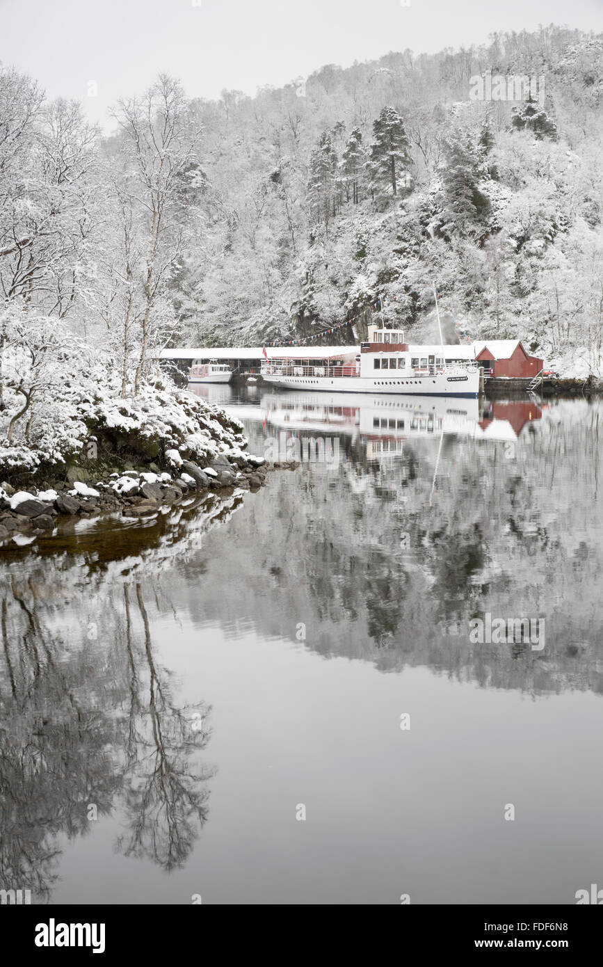 Steamship Sir Walter Scott moored at Loch Katrine, Perthshire, The trossachs, Scotland, in mid-winter. Stock Photo
