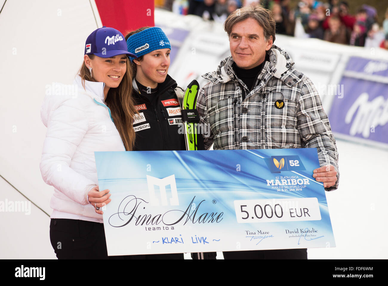 Maribor, Slovenia. 30th January, 2016. Tina Maze of Slovenia presenting donation to another Slovenian skier at Golden Fox in Maribor, Slovenia. Credit:  Rok Rakun/Pacific Press/Alamy Live News Stock Photo