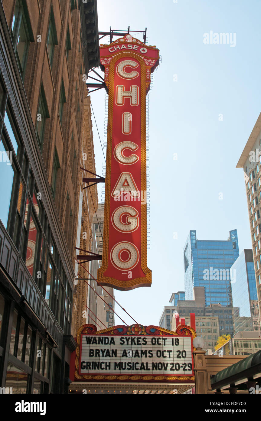 Chicago, Usa: signboard of the Chicago Theatre, originally known as the Balaban and Katz Chicago Theatre, landmark on North State Street built in 1921 Stock Photo