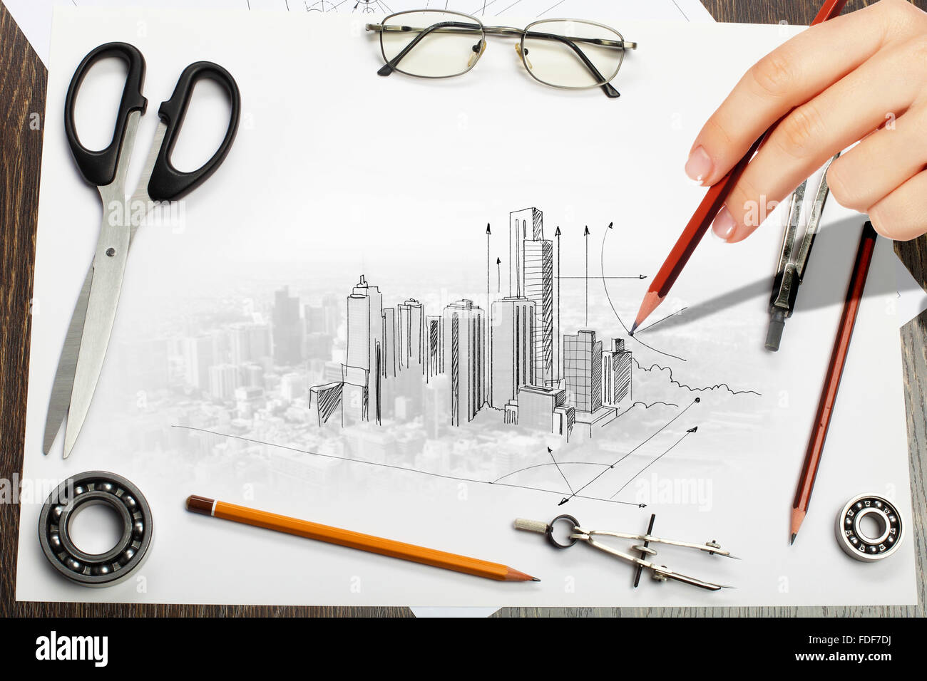Handwritten Building/tools Architectural hand drawn project with set of tools Stock Photo - Alamy
