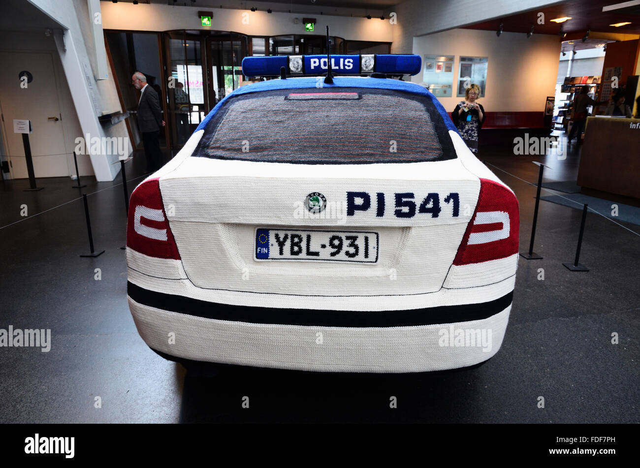 Knitted police car in Kiasma museum of modern art, Helsinki. Finland Stock Photo