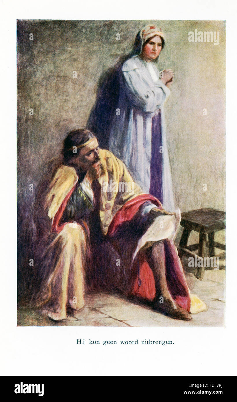 The caption here reads: He could not find a word to say. The tale: An old man amazed the tsar with his eloquent speech. After the old man said his daughter had taught him, the tsar assigned impossible tasks. The daughter had her father counter each with an impossible task for the tsar. The tsar married the girl on one condition: if he left, she could take what she valued most. Years later the tsar had her leave. She got the tsar drunk and took him back to her father. The girl showed him the letter with her one demand (shown here) - what she had taken was the tsar himself. He fell in love again Stock Photo