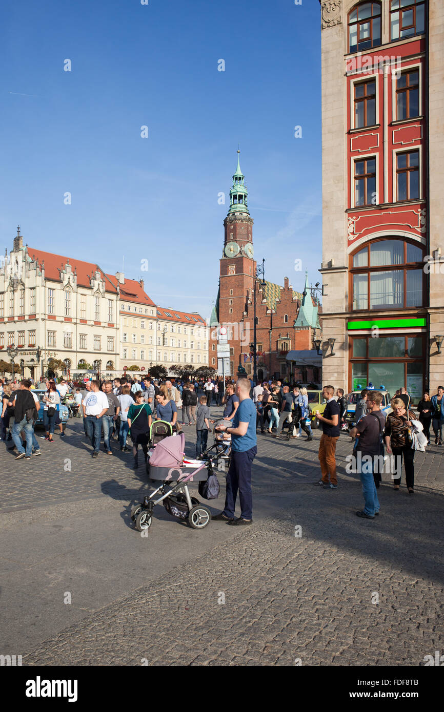 Poland, city of Wroclaw, Old Town Square with Town Hall and New Town Hall buildings Stock Photo