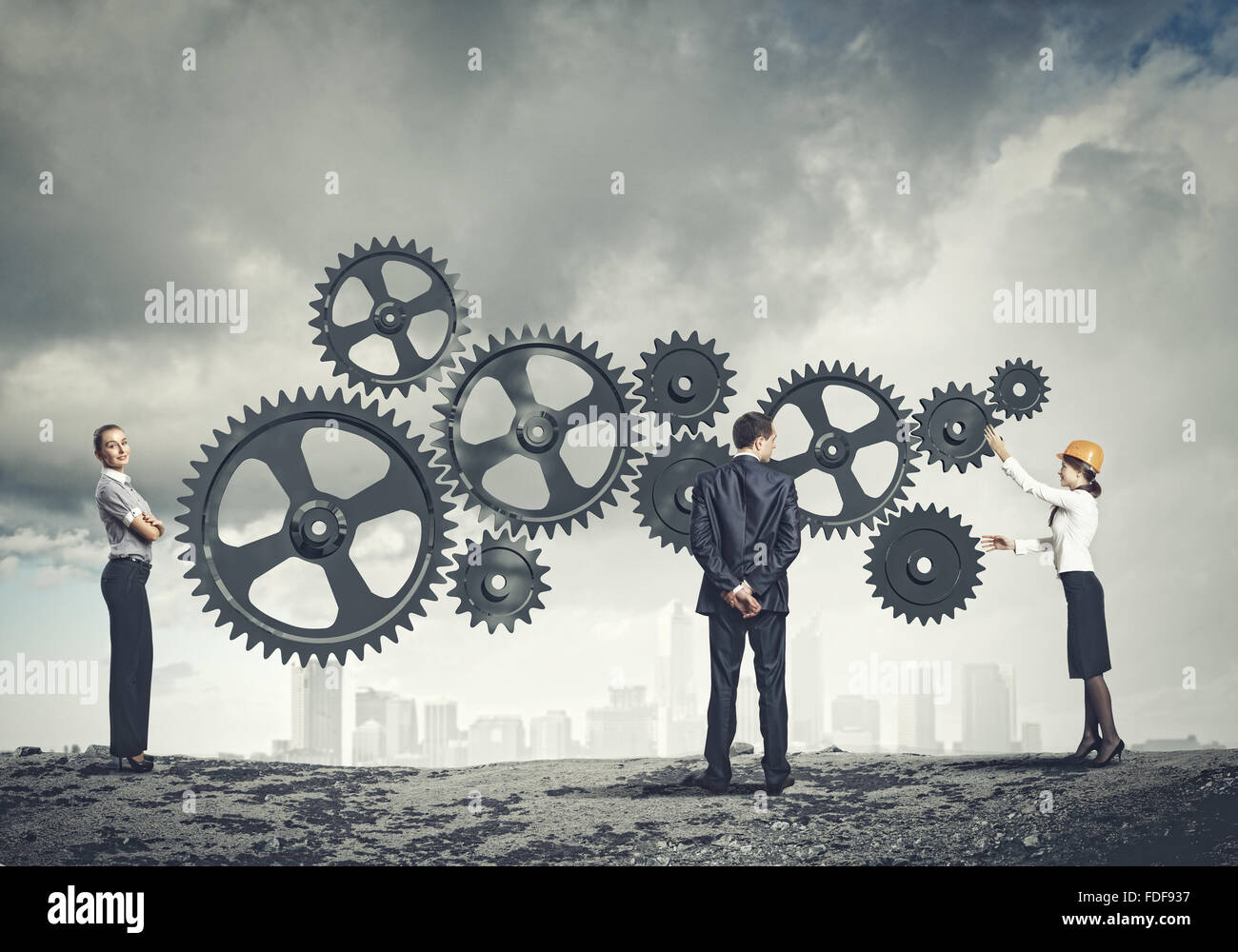Organisation Cogs Businessman and businesswoman with cog wheel elements. Organization ...