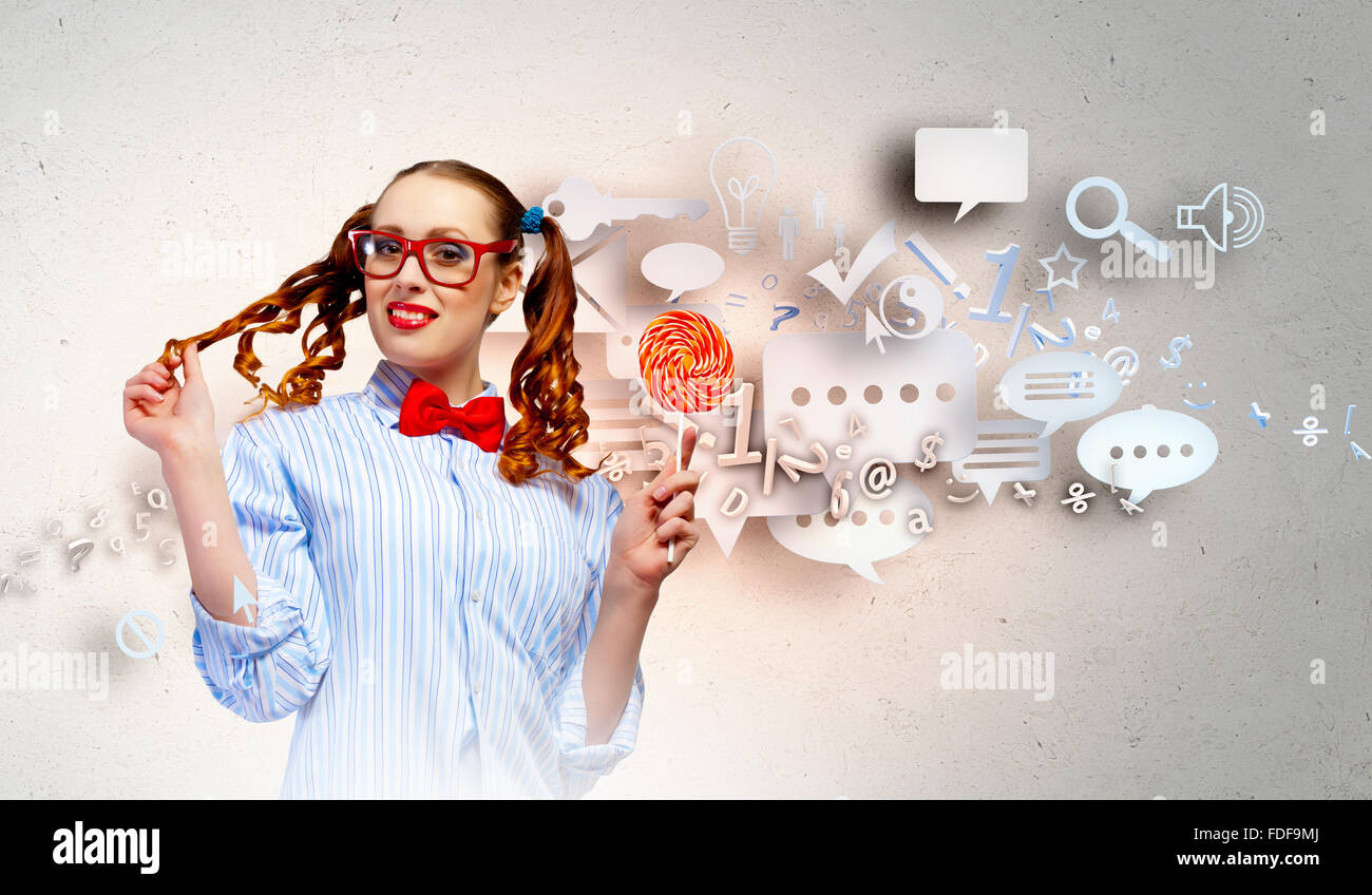 Image of funny lady in red glasses with lollipop Stock Photo - Alamy