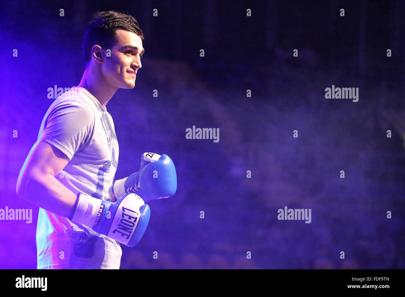 Turin, Italy. 30th January, 2016. The fighter Luca Novello on stage at the  PalaRuffini during the Thai Boxe Mania 2016. Credit: Massimiliano  Ferraro/Pacific Press/Alamy Live News Stock Photo - Alamy