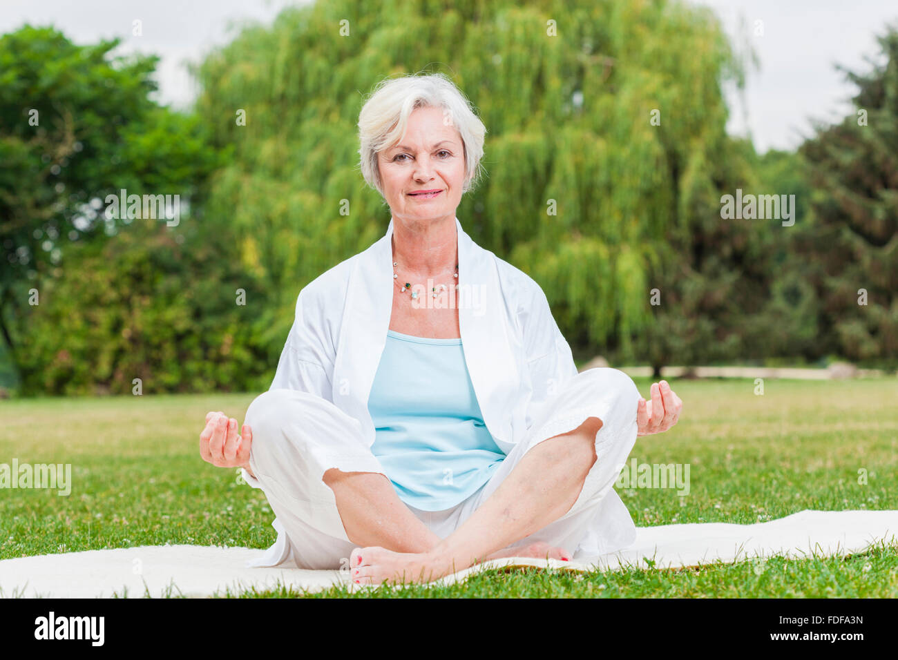 senior healthy old woman practicing yoga and tai chi outdoor Stock Photo