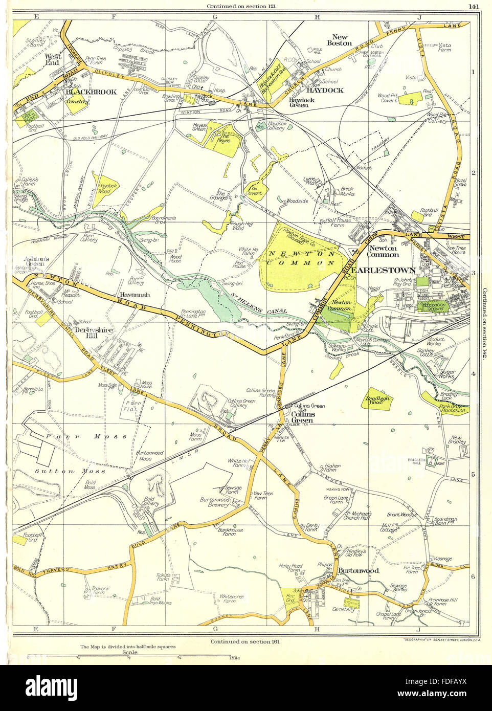 LANCS Derbyshire Hill Green Burtonwood Earlestown Haydock Blackbrook 1935 map Stock Photo