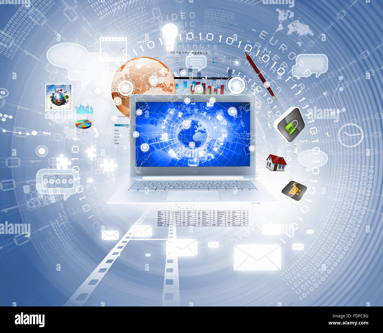 Background image with laptop and media icons Stock Photo - Alamy