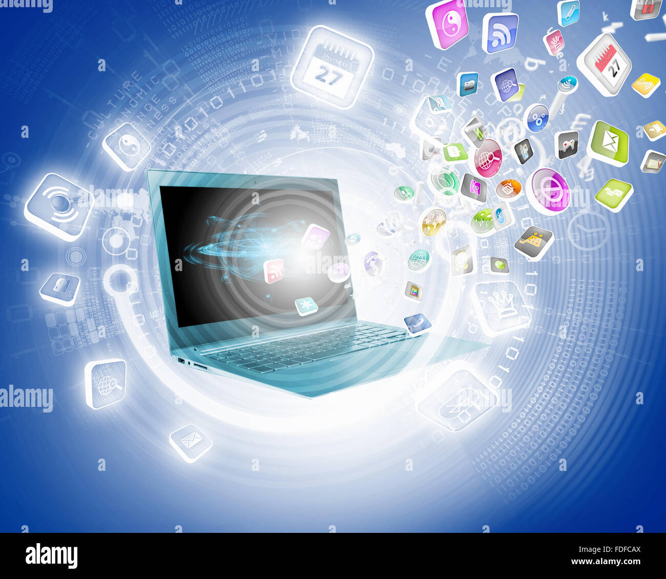 Background image with laptop and media icons Stock Photo - Alamy