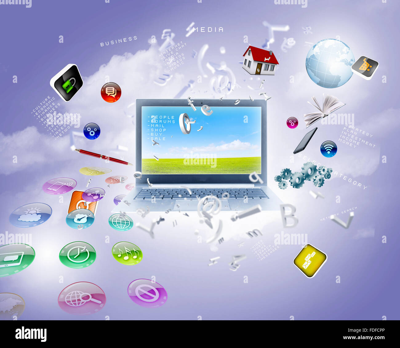Background image with laptop and media icons Stock Photo - Alamy