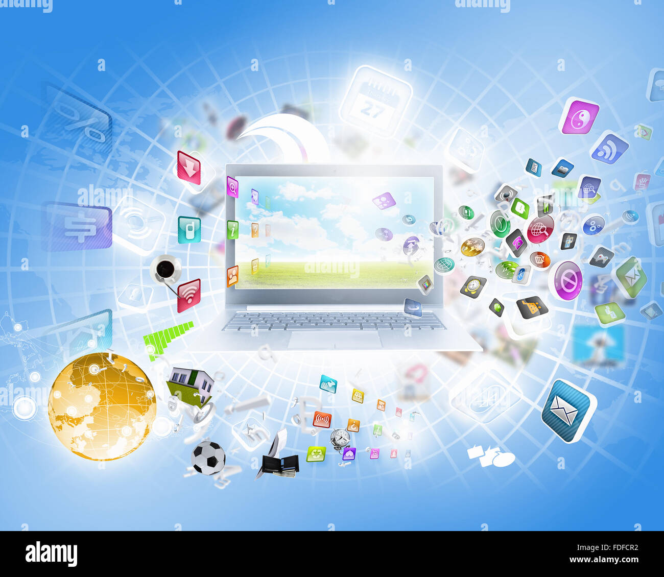 Background image with laptop and media icons Stock Photo - Alamy
