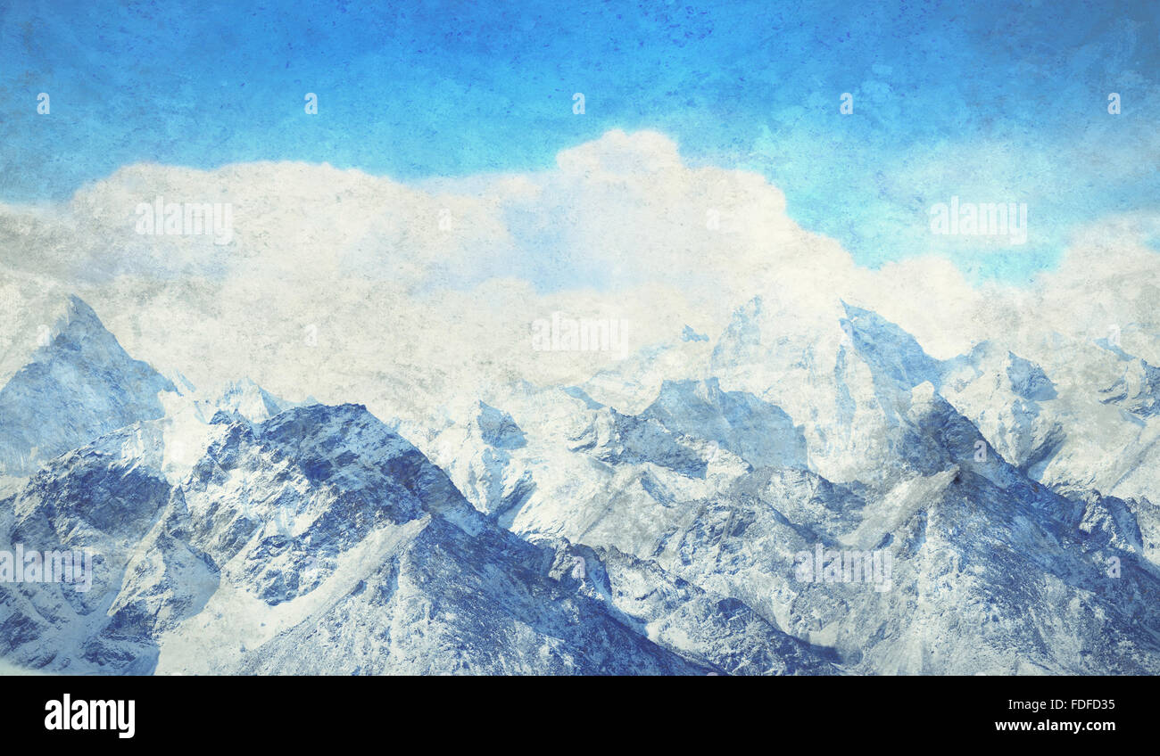 Painting with a snow high mountains landscape Stock Photo - Alamy
