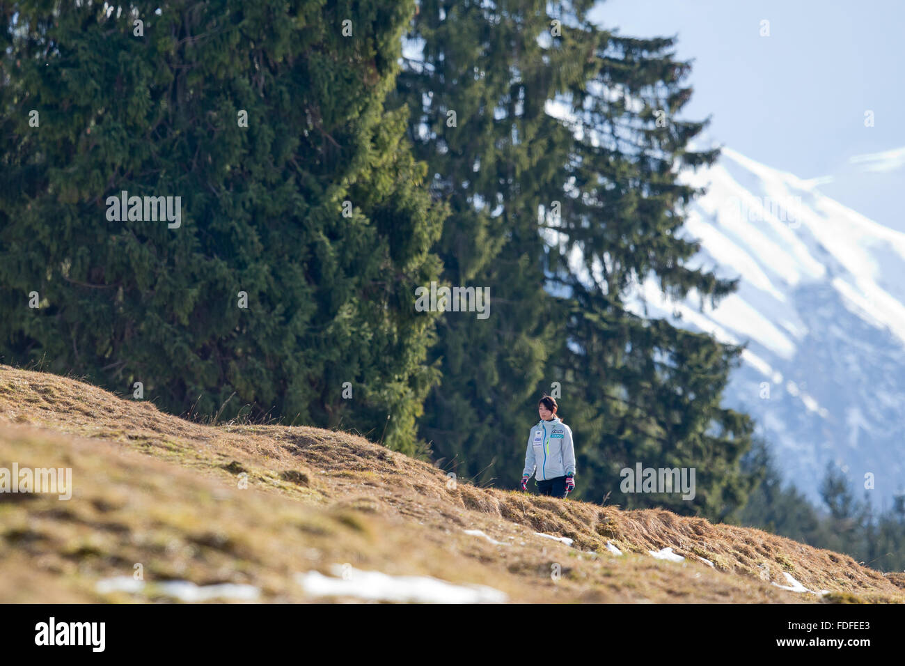 Oberstdorf, Germany. 30th January, 2016. Japan's Kaori Iwabuchi warms up at the individual normal hill event at the FIS women's ski jumping world cup in Oberstdorf, Germany, 30 January 2016. Photo: DANIEL KARMANN/dpa/Alamy Live News Stock Photo