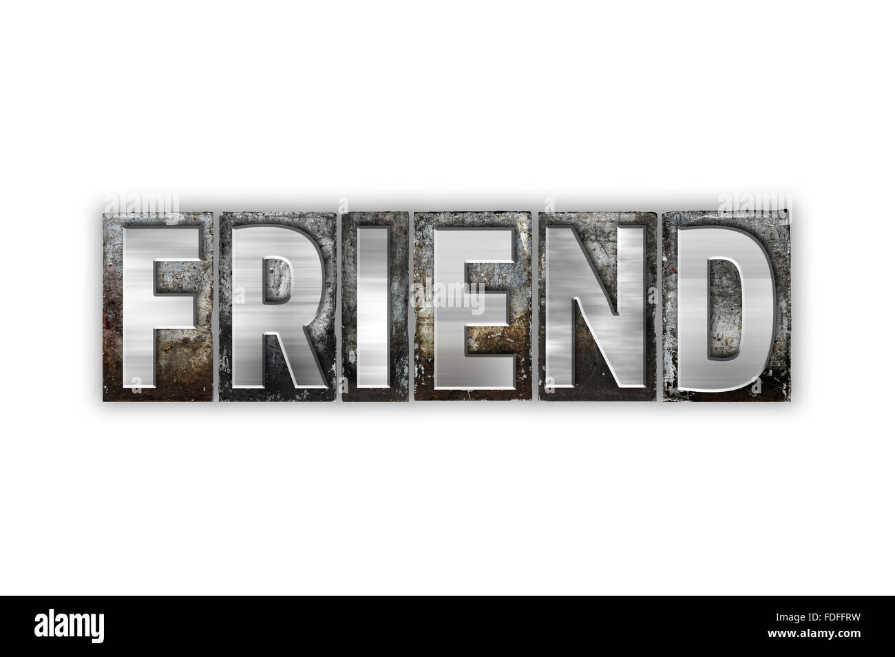 The word "Friend" written in vintage metal letterpress type isolated on a white background. Stock Photo