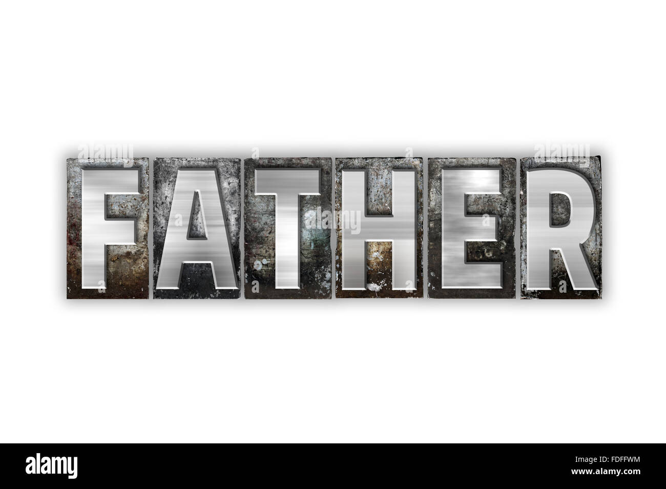 The word "Father" written in vintage metal letterpress type isolated on
