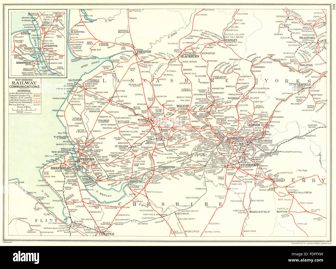 LANCASHIRE Cheshire Yorkshire Map showing Railway Communications 1935 old Stock Photo
