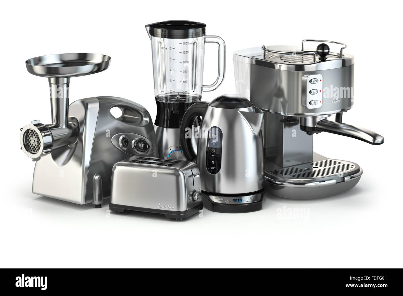 Metallic kitchen appliances. Blender, toaster, coffee machine, meat ginder and kettle isolated