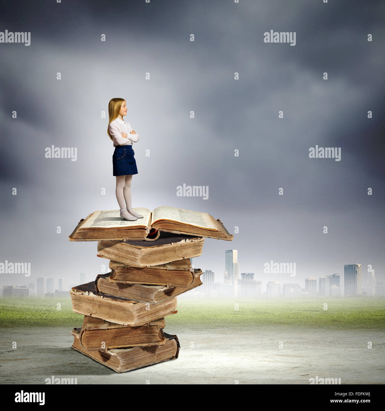 Image of cute school girl standing on pile of books Stock Photo - Alamy