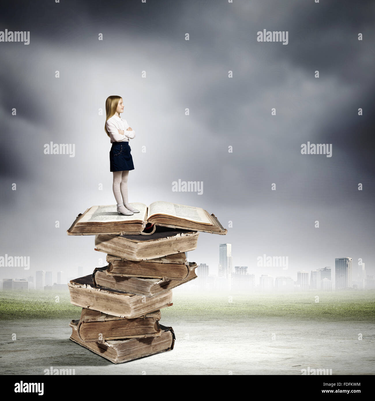 Image of cute school girl standing on pile of books Stock Photo - Alamy