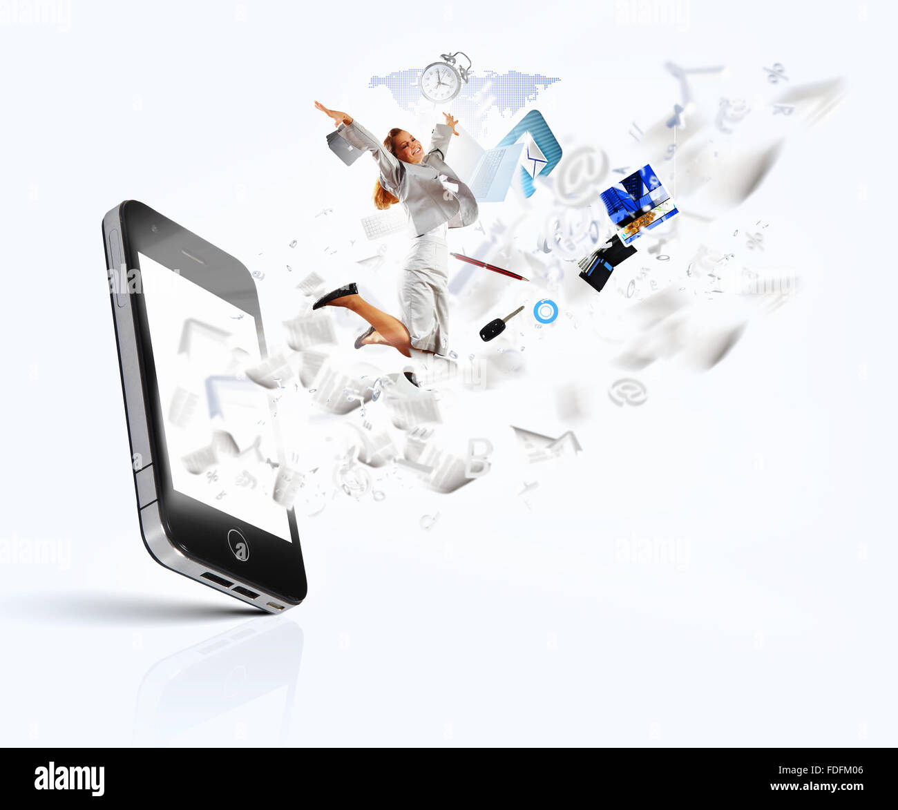 Jumping happy woman cell phone Cut Out Stock Images & Pictures - Alamy