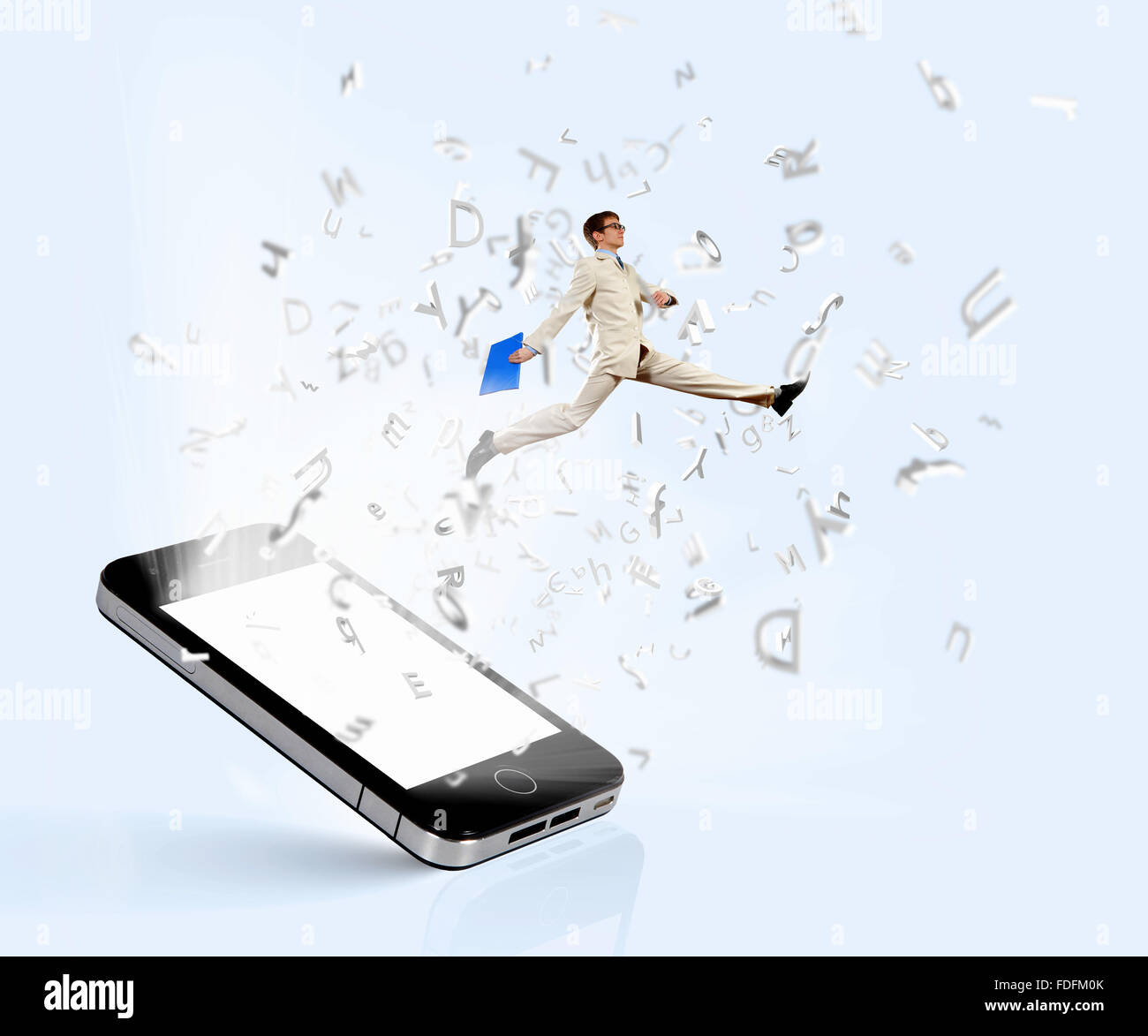 Image of businessman jumping out of mobile phone Stock Photo - Alamy