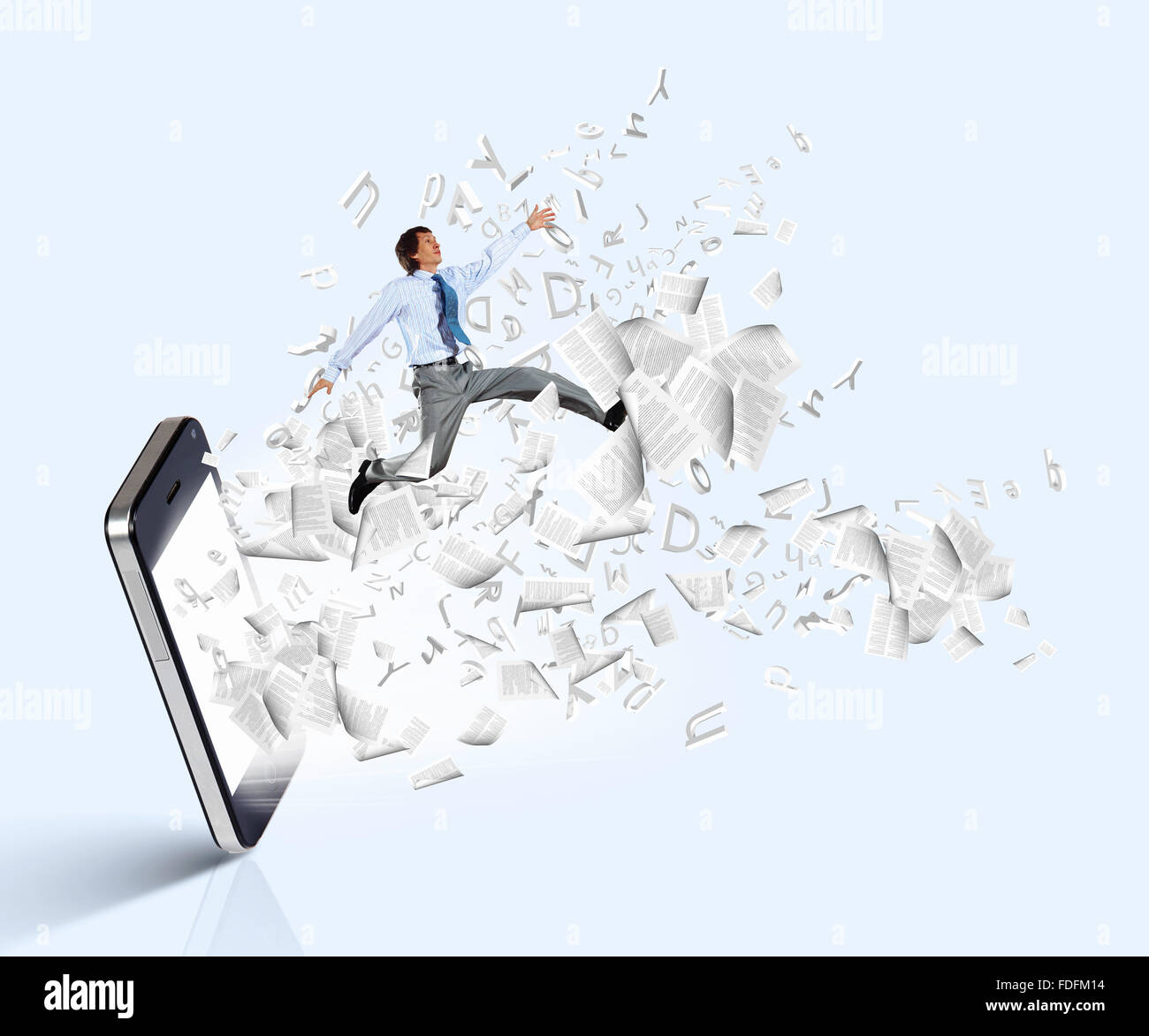 Image of businessman jumping out of mobile phone Stock Photo - Alamy