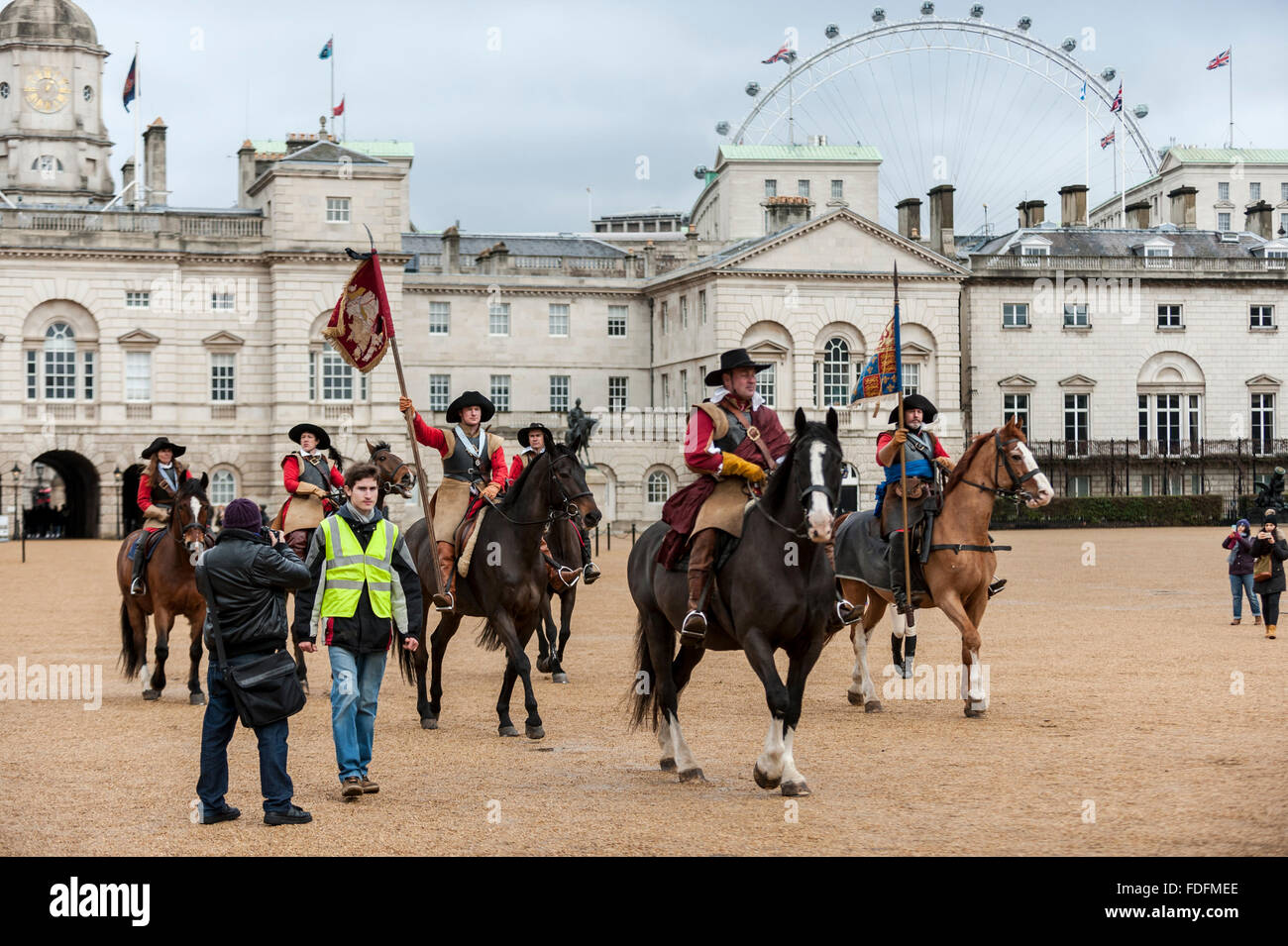 London, UK. 31st January, 2016. Members of The English Civil War Society, gather in Horse Guards Parade to bring to life The King's Army (the Royalist half of the English Civil War Society) as they retrace the route taken by King Charles I from St James Palace to the place of his execution at the Banqueting House in Whitehall. Credit:  Stephen Chung / Alamy Live News Stock Photo