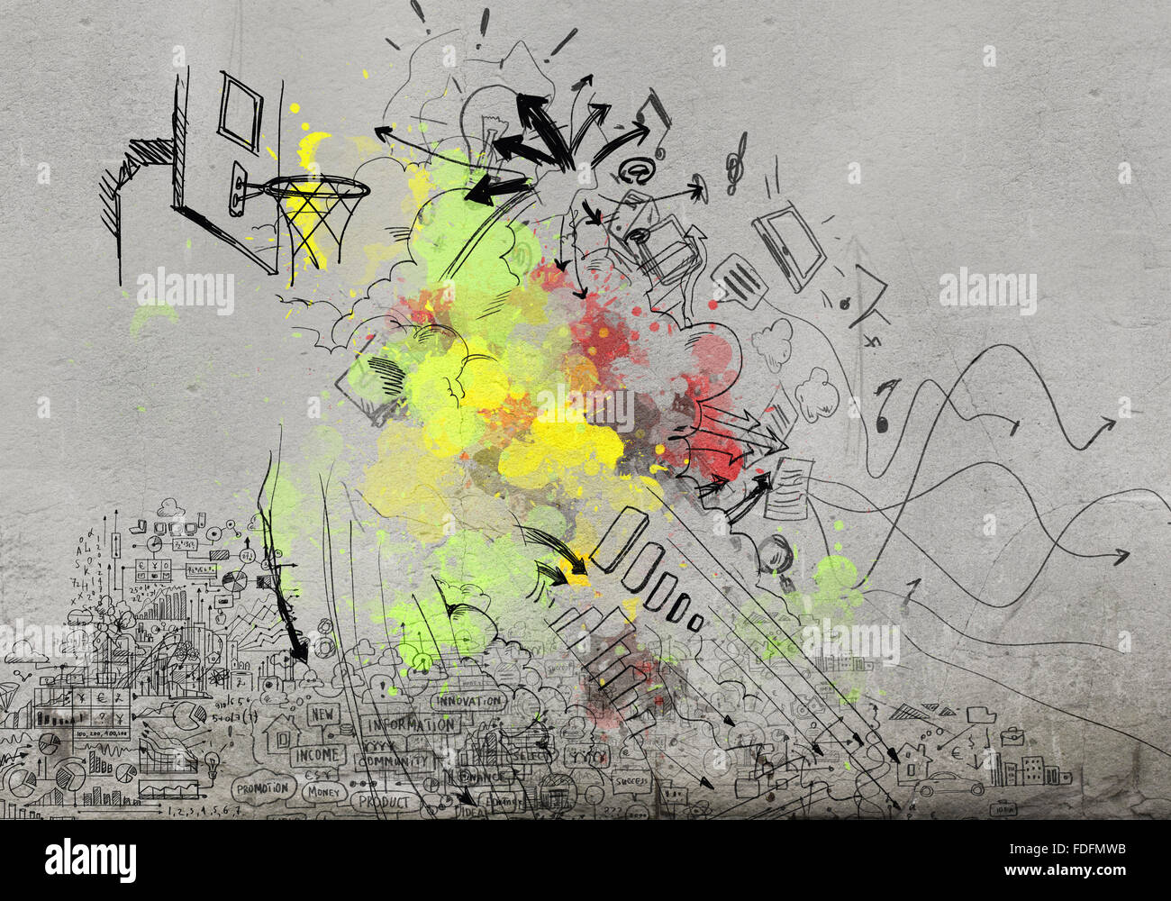 Background image with sketches and drawings on grey wall Stock Photo ...