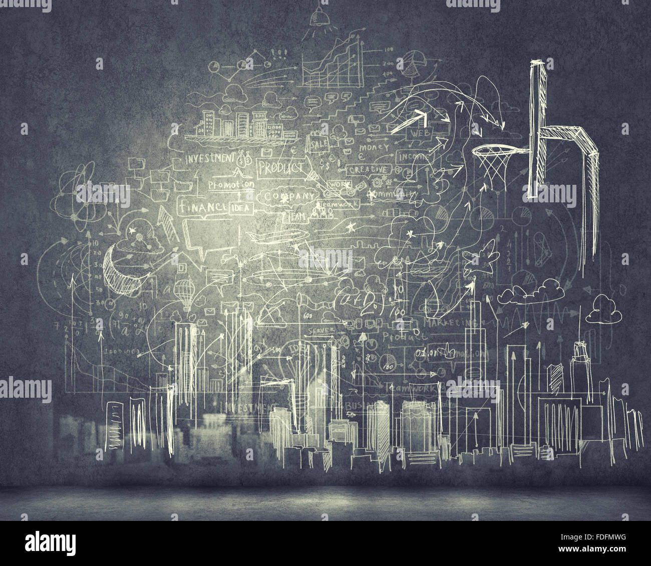 Background image with sketches and drawings on black wall Stock Photo ...