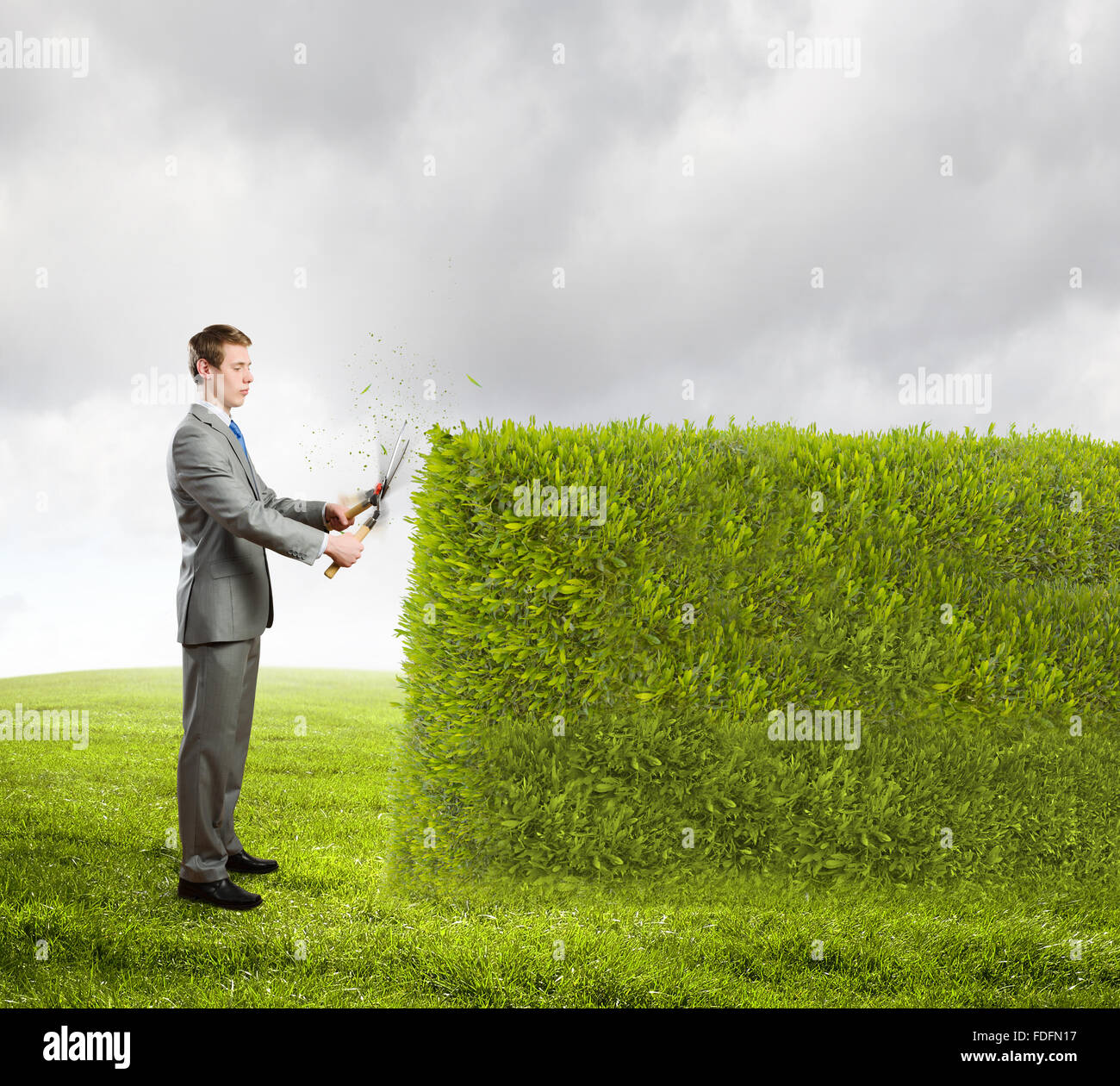Young businessman cutting green bush with grass cutter Stock Photo Alamy