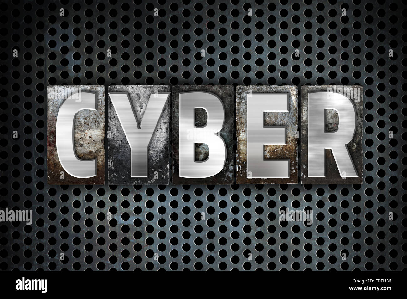 The word "Cyber" written in vintage metal letterpress type on a black industrial grid background. Stock Photo
