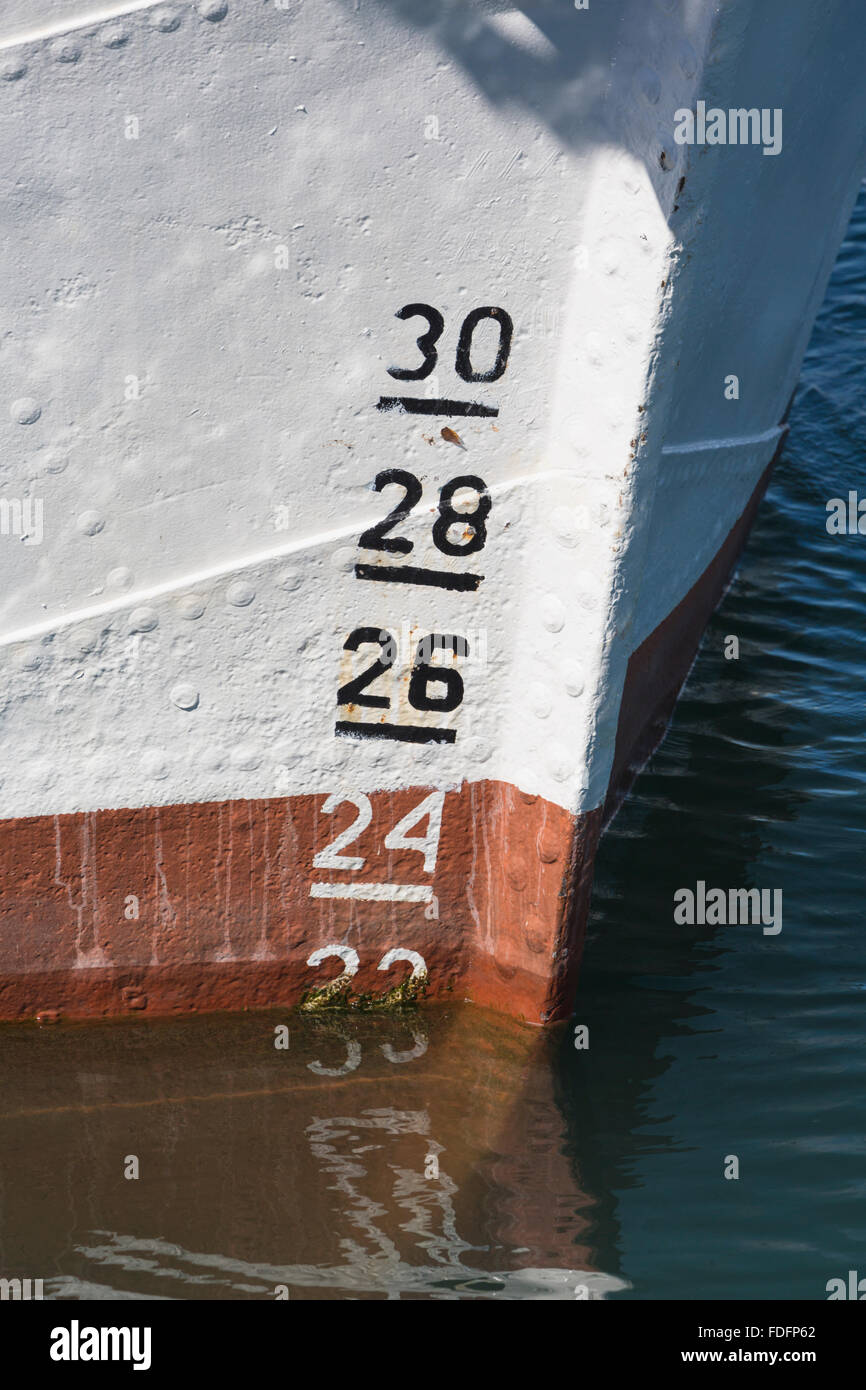 Draft or draught markings on bow of boat. Stock Photo