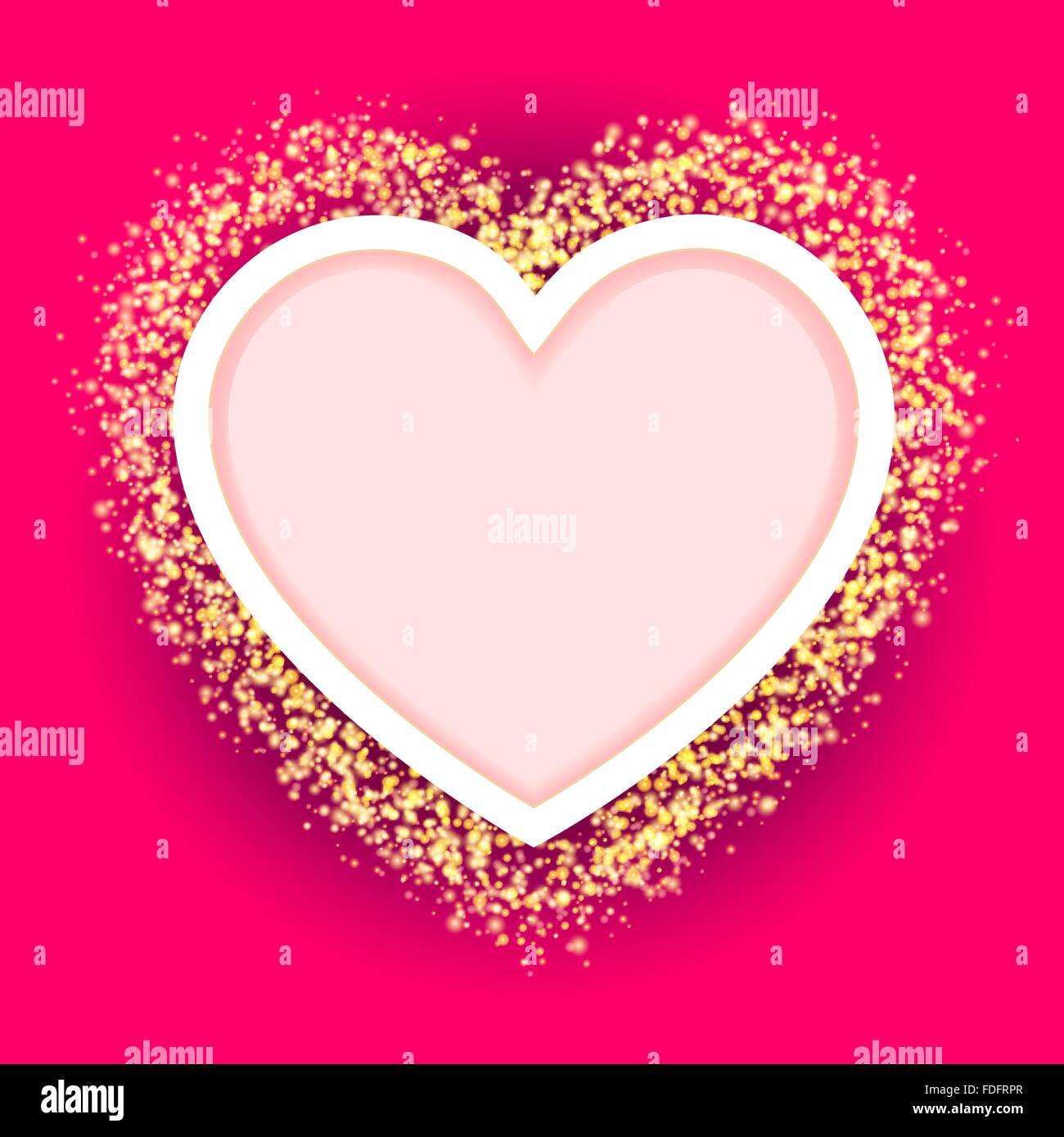 pink heart frame with glittering golden transparent particles. vector Stock Vector