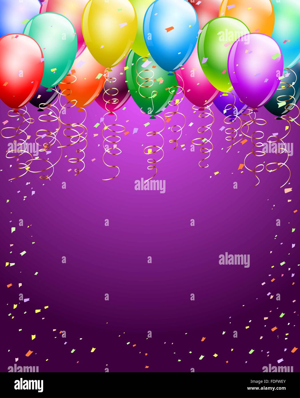 festive colorful balloons as top border with confetti background. space